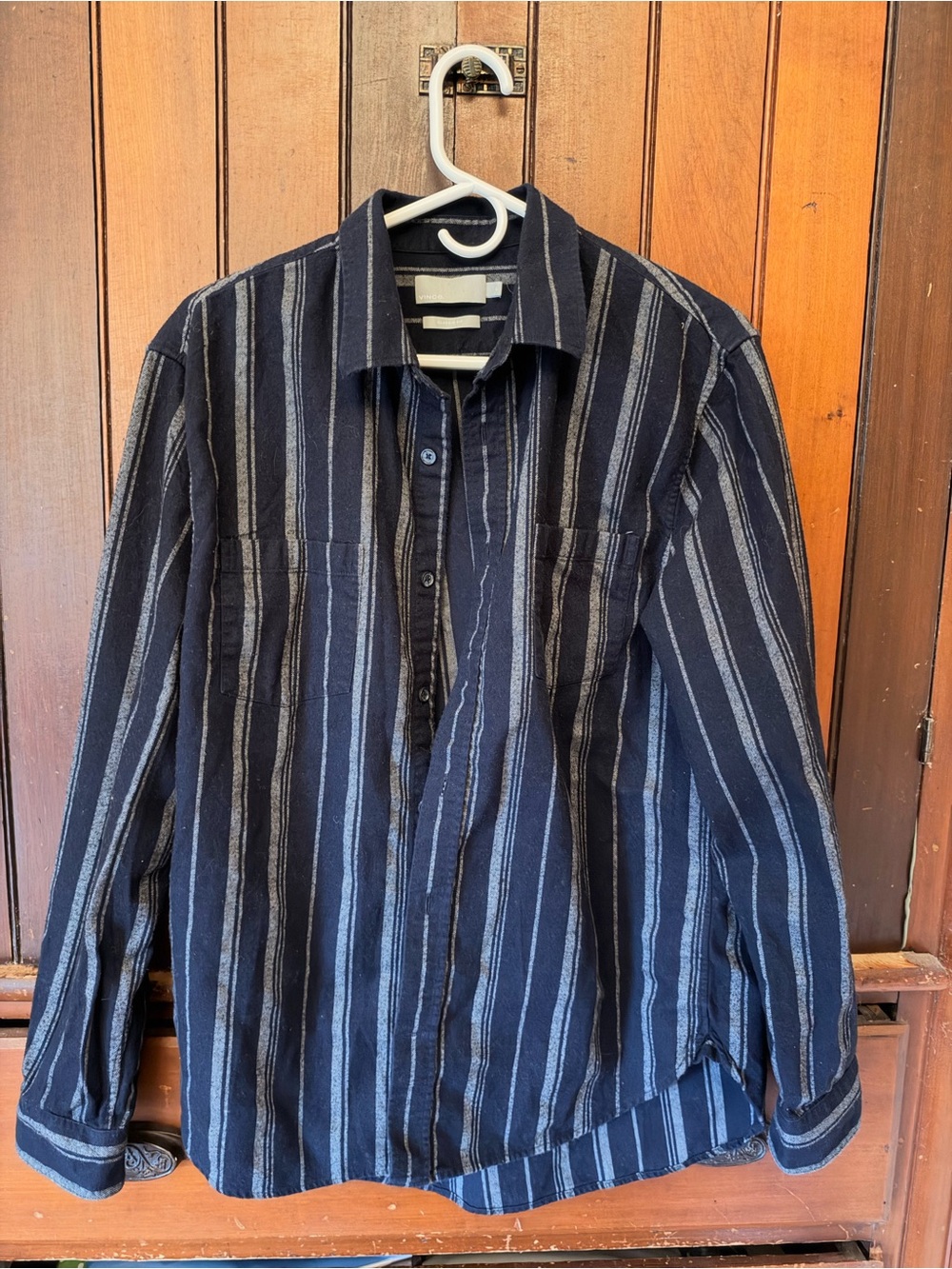 Vince Navy and Light Gray Vertical Stripe Button-Down Shirt